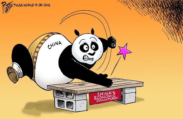 Bruce Plante Cartoon: Kung Fu China, China's economic downturn, Wall St., World Financial Market, Dow Jones, S & P, Standard and Poor, NASDAQ, Plante 20150827