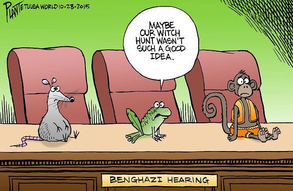 Bruce Plante Cartoon: Benghazi, Benghazi Hearings, Secretary of State Hillary Rodham Clinton, Committee Chairman Trey Gowdy, Select Committee on Benghazi, Democratic Party, Republican Party, GOP, RNC, DNC, Plante 20151025